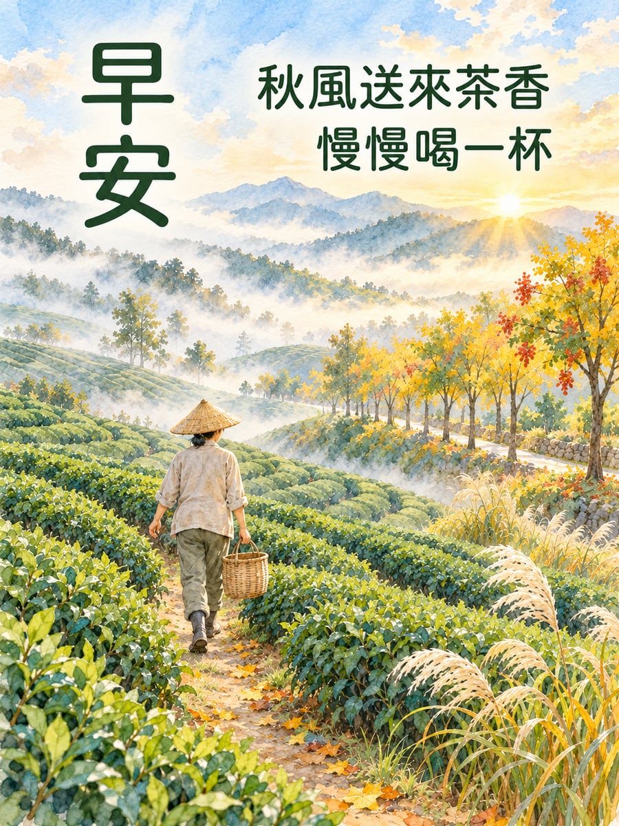 茶園晨霧。圖中文字：早安，秋風送來茶香，慢慢喝一杯