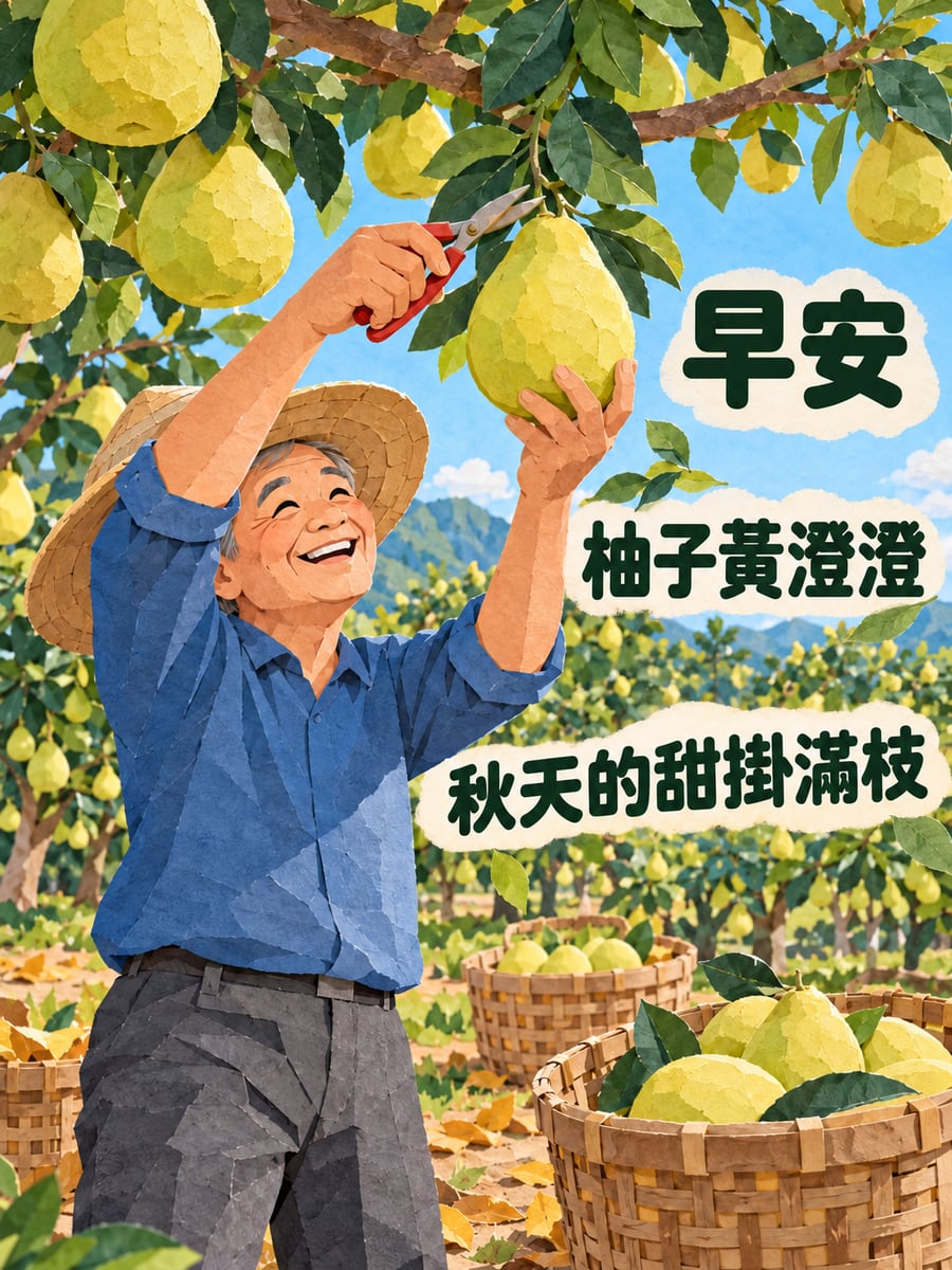 柚子園的早晨。圖中文字：早安，柚子黃澄澄，秋天的甜掛滿枝
