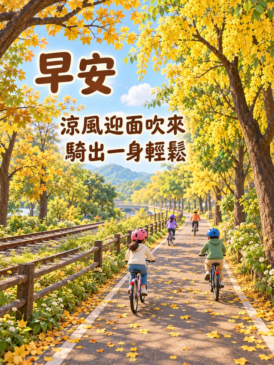 東豐綠廊的涼風。圖中文字：早安，涼風迎面吹來，騎出一身輕鬆
