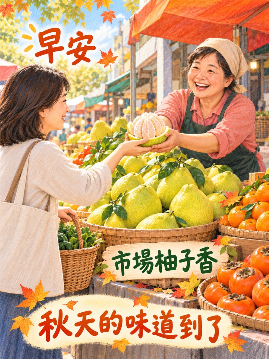 市場裡的柚子香。圖中文字：早安，市場柚子香，秋天的味道到了