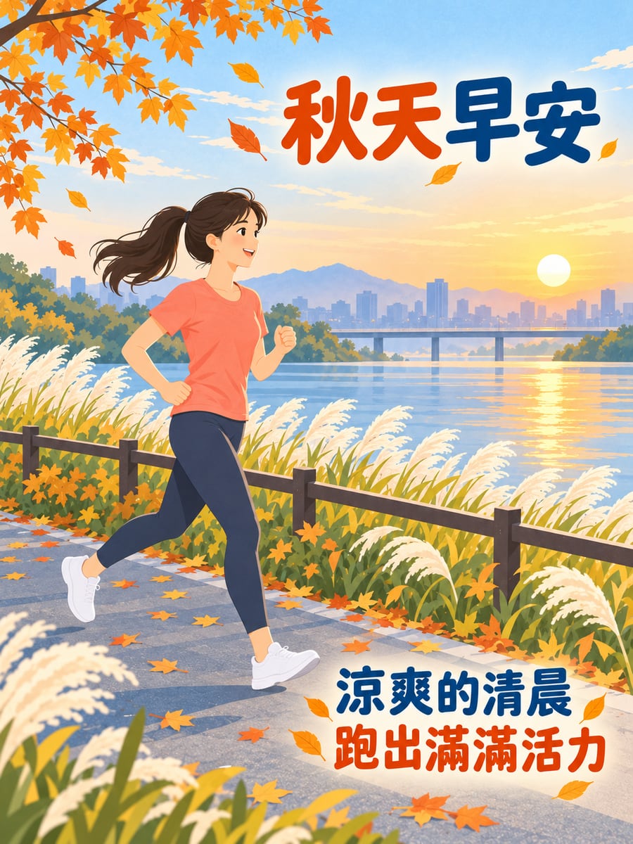 涼爽清晨慢跑。圖中文字：秋天早安，涼爽的清晨，跑出滿滿活力