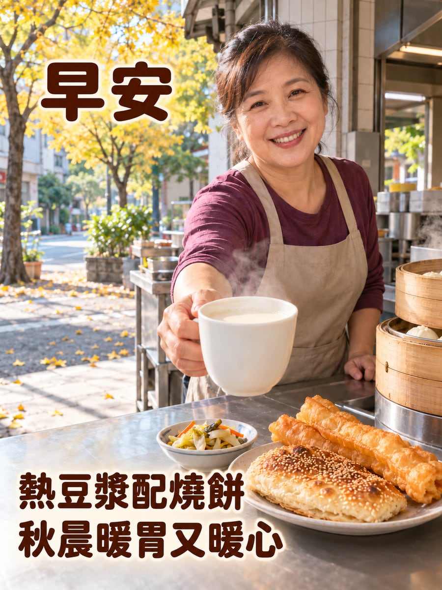 秋晨的早餐店。圖中文字：早安，熱豆漿配燒餅，秋晨暖胃又暖心