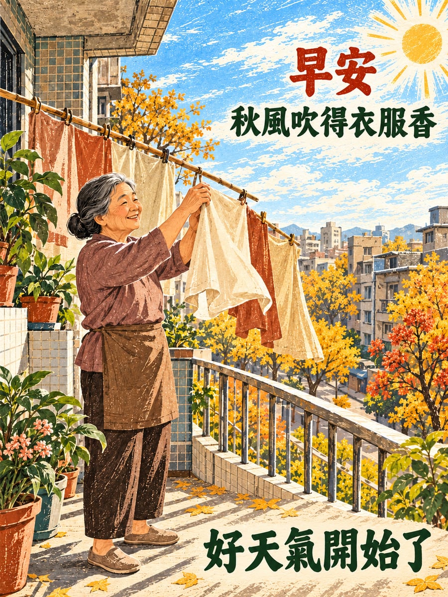 陽台晾衣的秋風。圖中文字：早安，秋風吹得衣服香，好天氣開始了