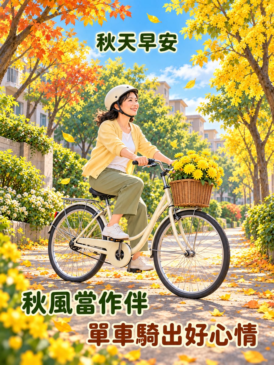 社區小徑騎單車。圖中文字：秋天早安，秋風當作伴，單車騎出好心情