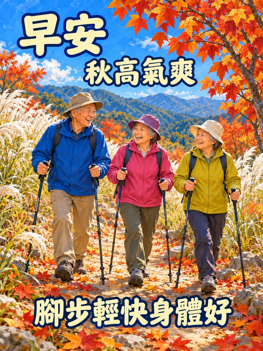 長輩晨間爬山。圖中文字：早安，秋高氣爽，腳步輕快身體好