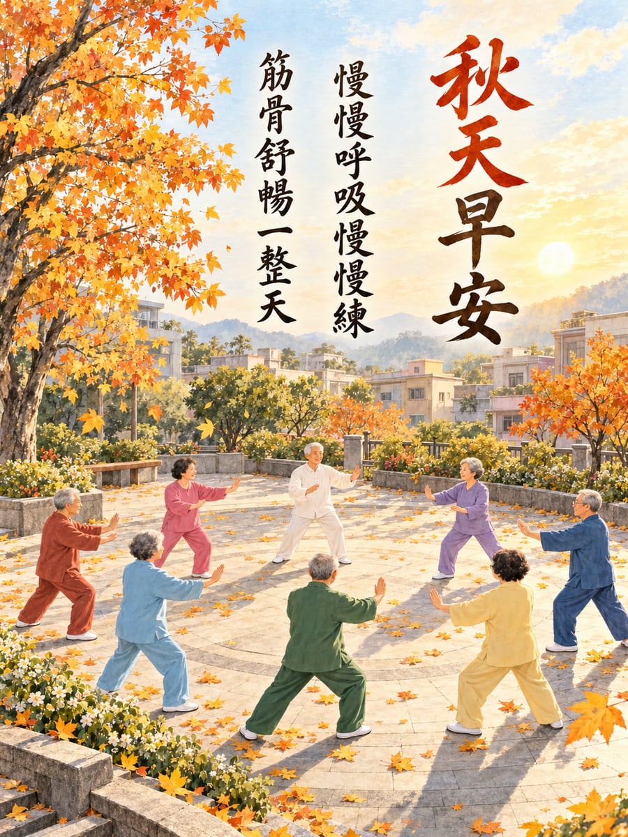 社區廣場打太極。圖中文字：秋天早安，慢慢呼吸慢慢練，筋骨舒暢一整天
