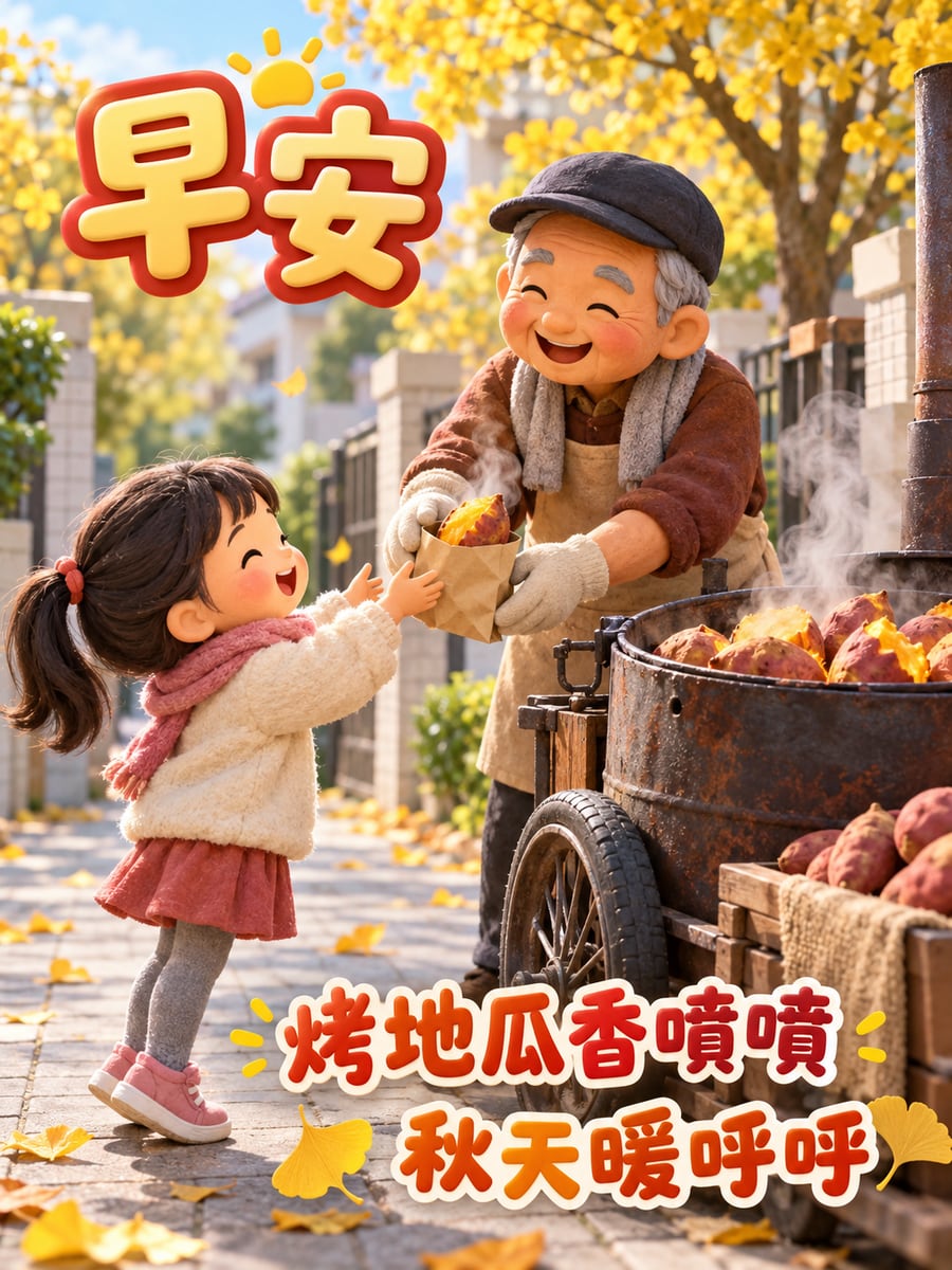 烤地瓜小攤。圖中文字：早安，烤地瓜香噴噴，秋天暖呼呼