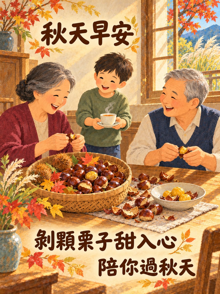 陪阿公阿嬤剝栗子。圖中文字：秋天早安，剝顆栗子甜入心，陪你過秋天