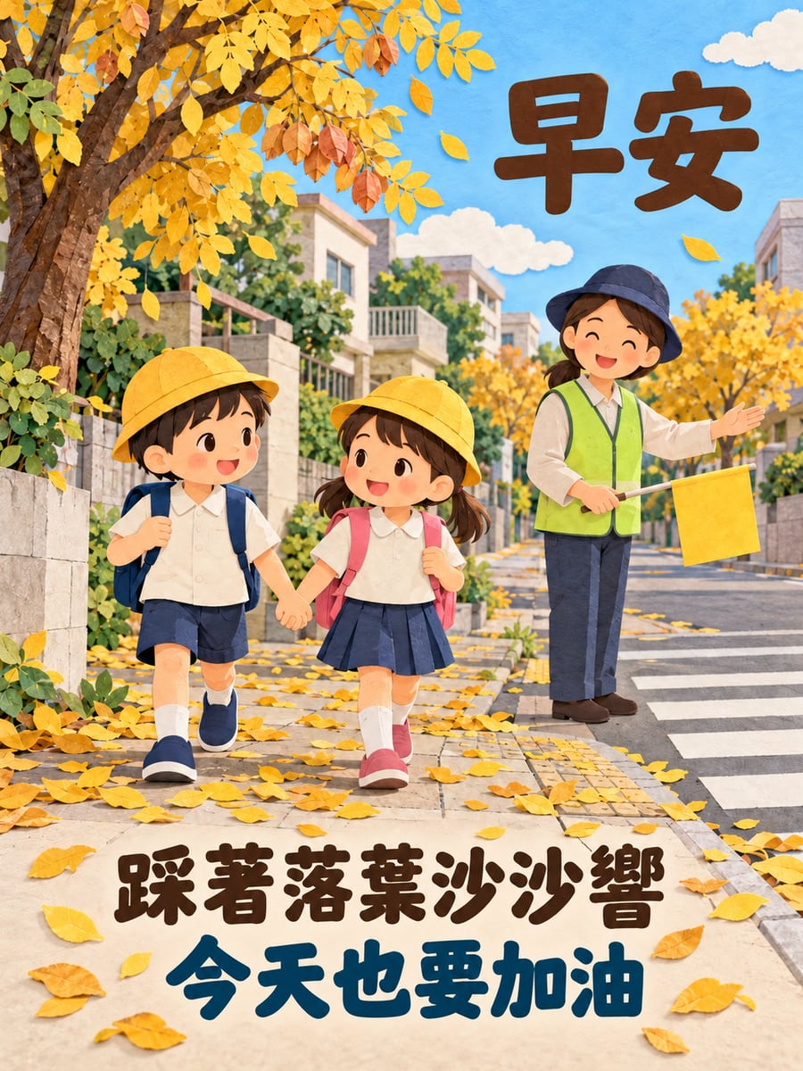 踩落葉去上學。圖中文字：早安，踩著落葉沙沙響，今天也要加油