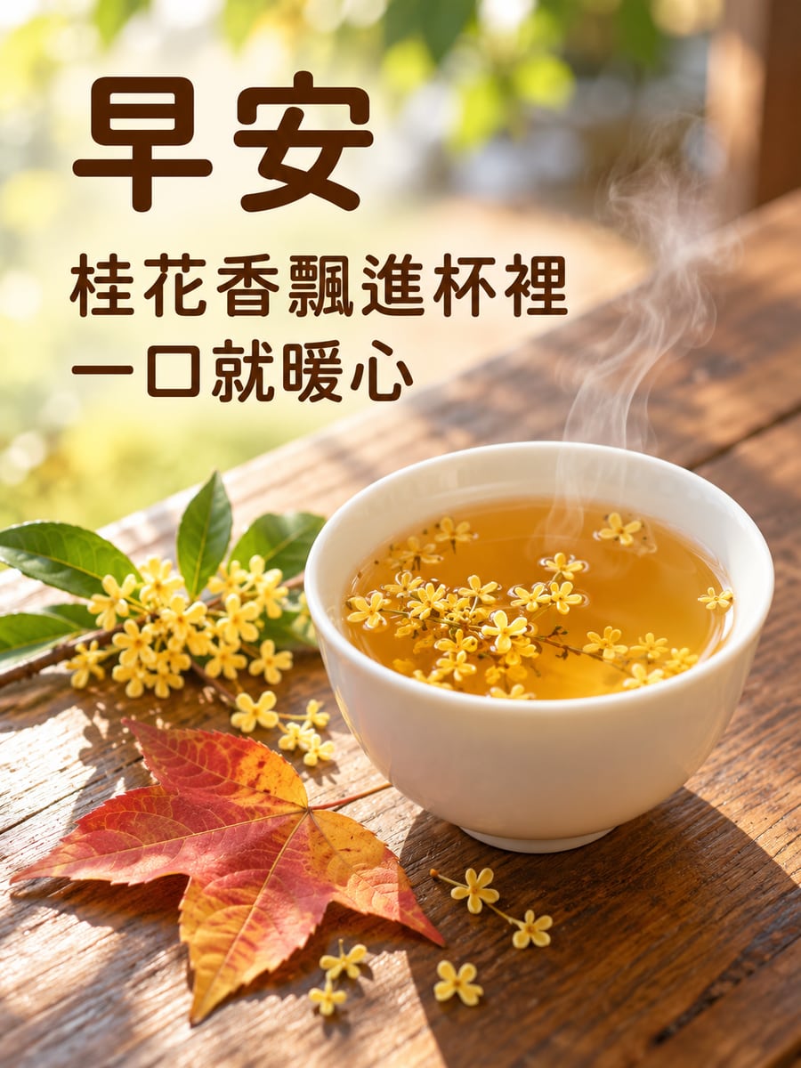 桂花茶的香氣。圖中文字：早安，桂花香飄進杯裡，一口就暖心