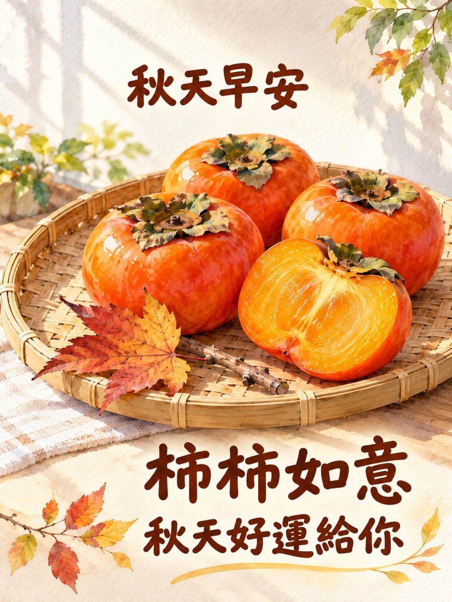 柿柿如意。圖中文字：秋天早安，柿柿如意，秋天好運給你