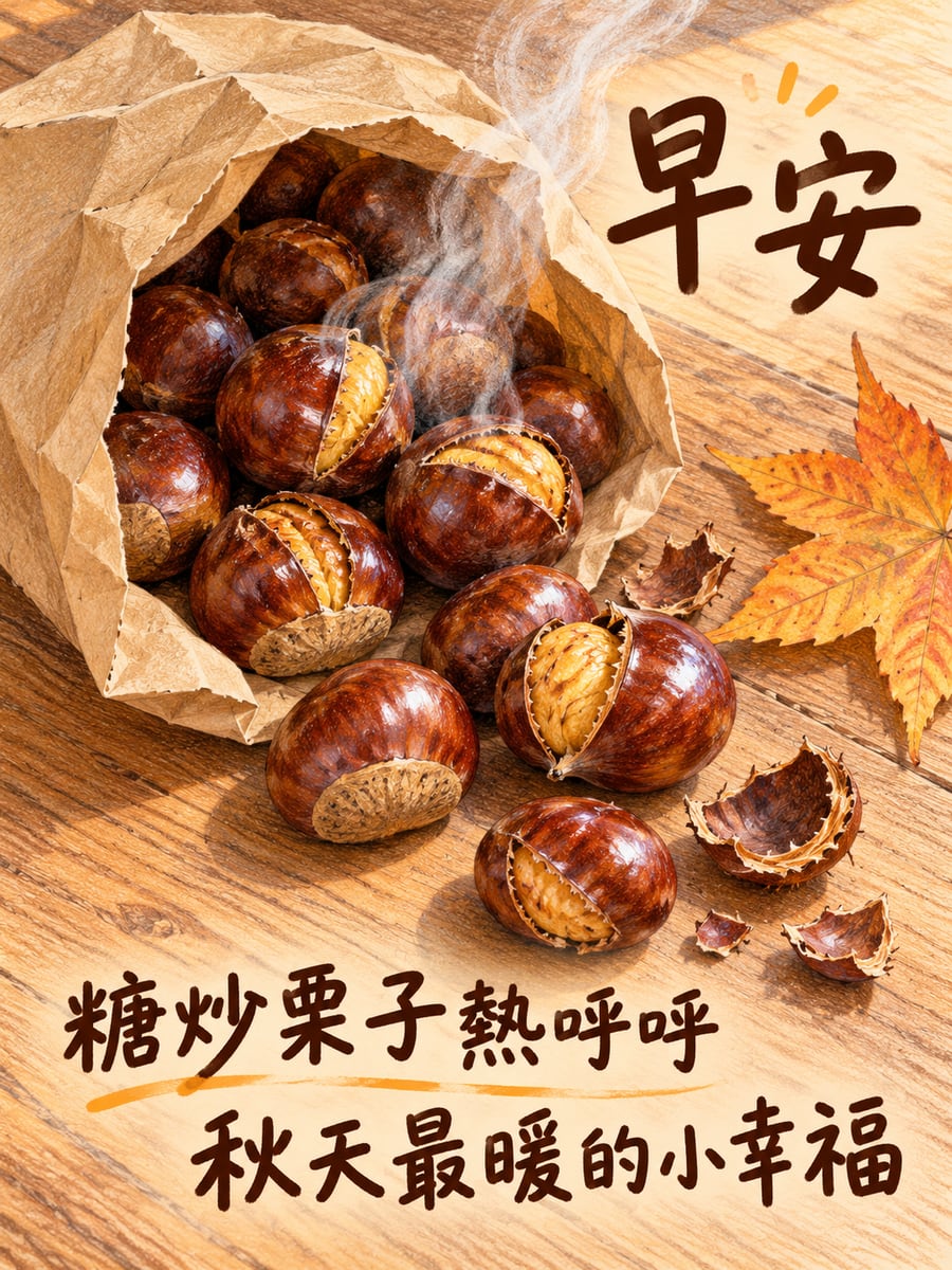 糖炒栗子熱呼呼。圖中文字：早安，糖炒栗子熱呼呼，秋天最暖的小幸福