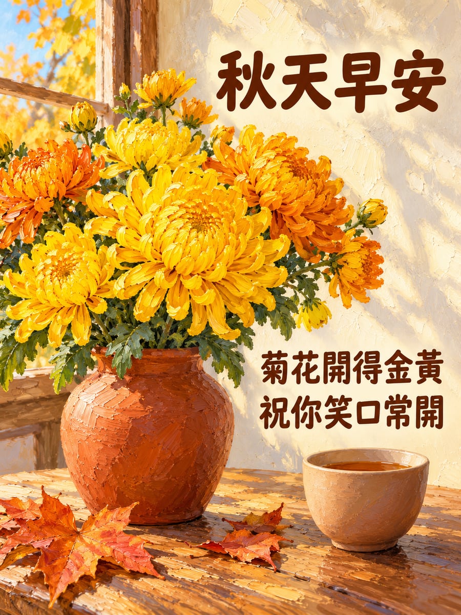 金黃菊花。圖中文字：秋天早安，菊花開得金黃，祝你笑口常開