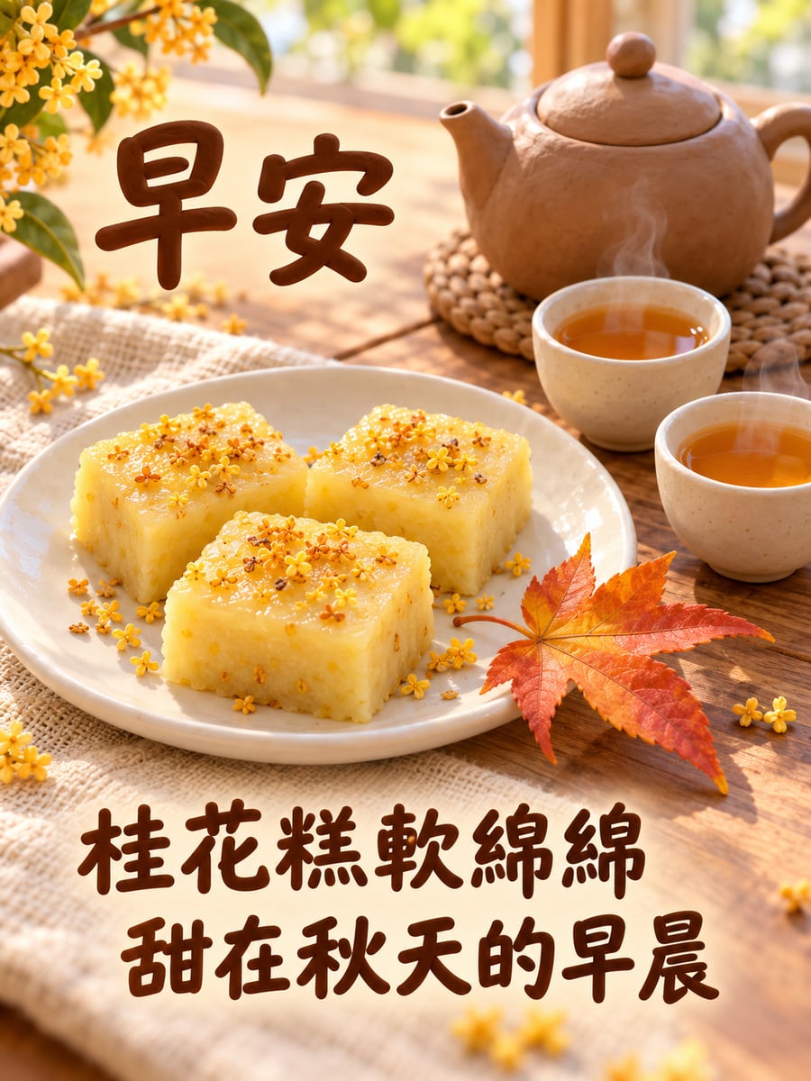 桂花糕與熱茶。圖中文字：早安，桂花糕軟綿綿，甜在秋天的早晨