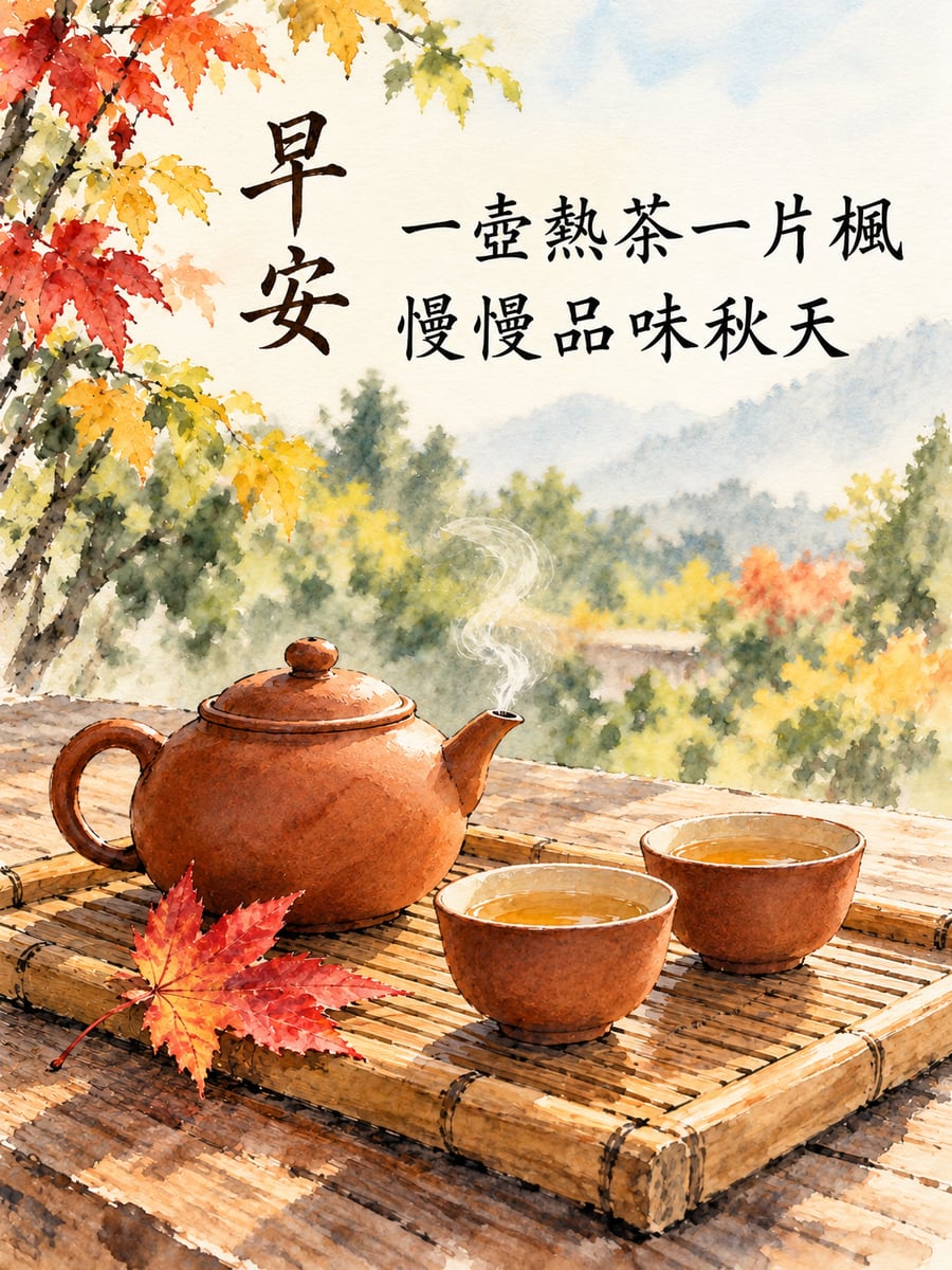 一壺茶一片楓。圖中文字：早安，一壺熱茶一片楓，慢慢品味秋天