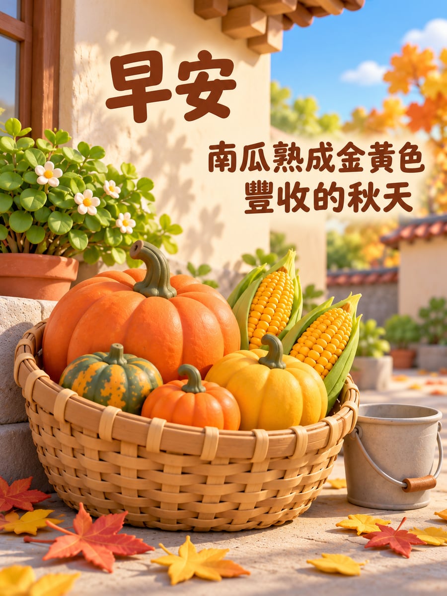 南瓜籃的豐收。圖中文字：早安，南瓜熟成金黃色，豐收的秋天