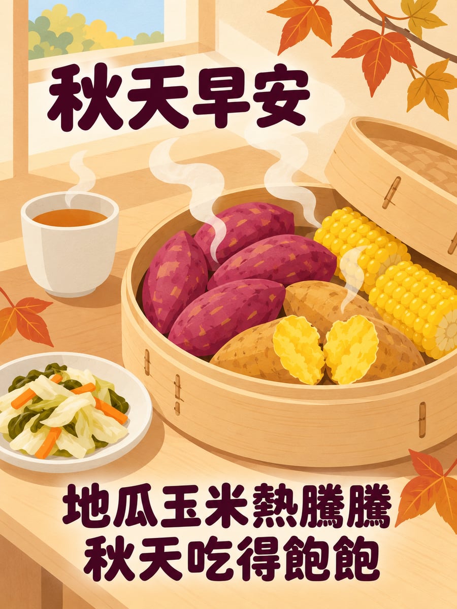 地瓜玉米熱騰騰。圖中文字：秋天早安，地瓜玉米熱騰騰，秋天吃得飽飽