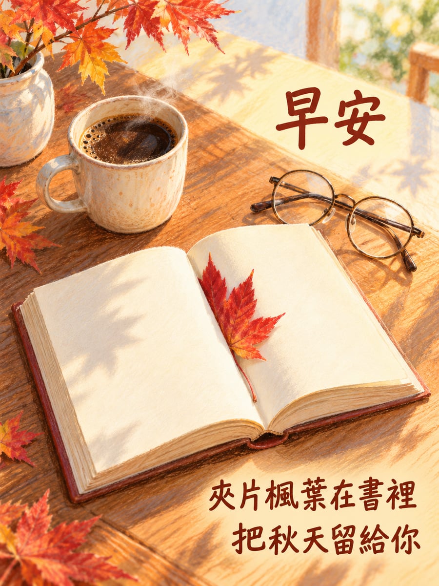 夾在書裡的楓葉。圖中文字：早安，夾片楓葉在書裡，把秋天留給你