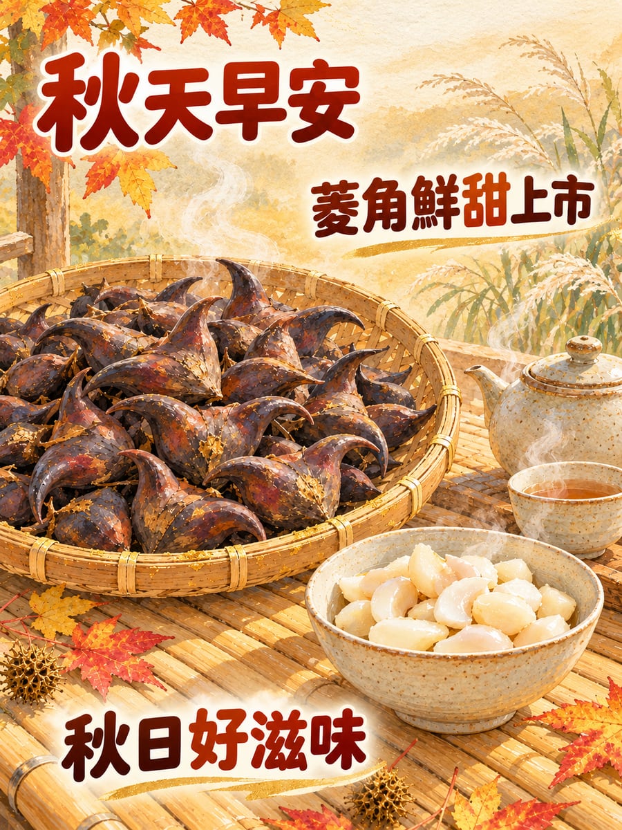 菱角上市。圖中文字：秋天早安，菱角鮮甜上市，秋日好滋味