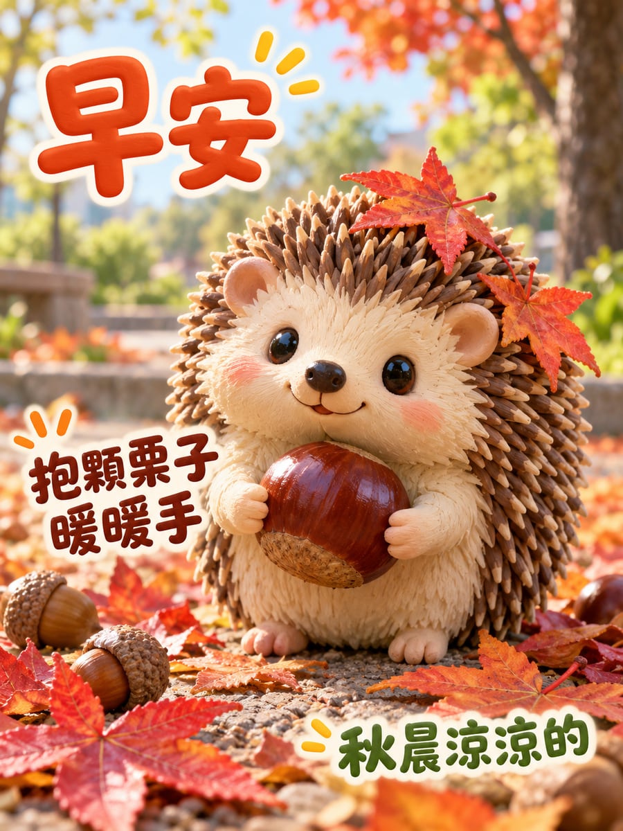 刺蝟抱栗子。圖中文字：早安，抱顆栗子暖暖手，秋晨涼涼的