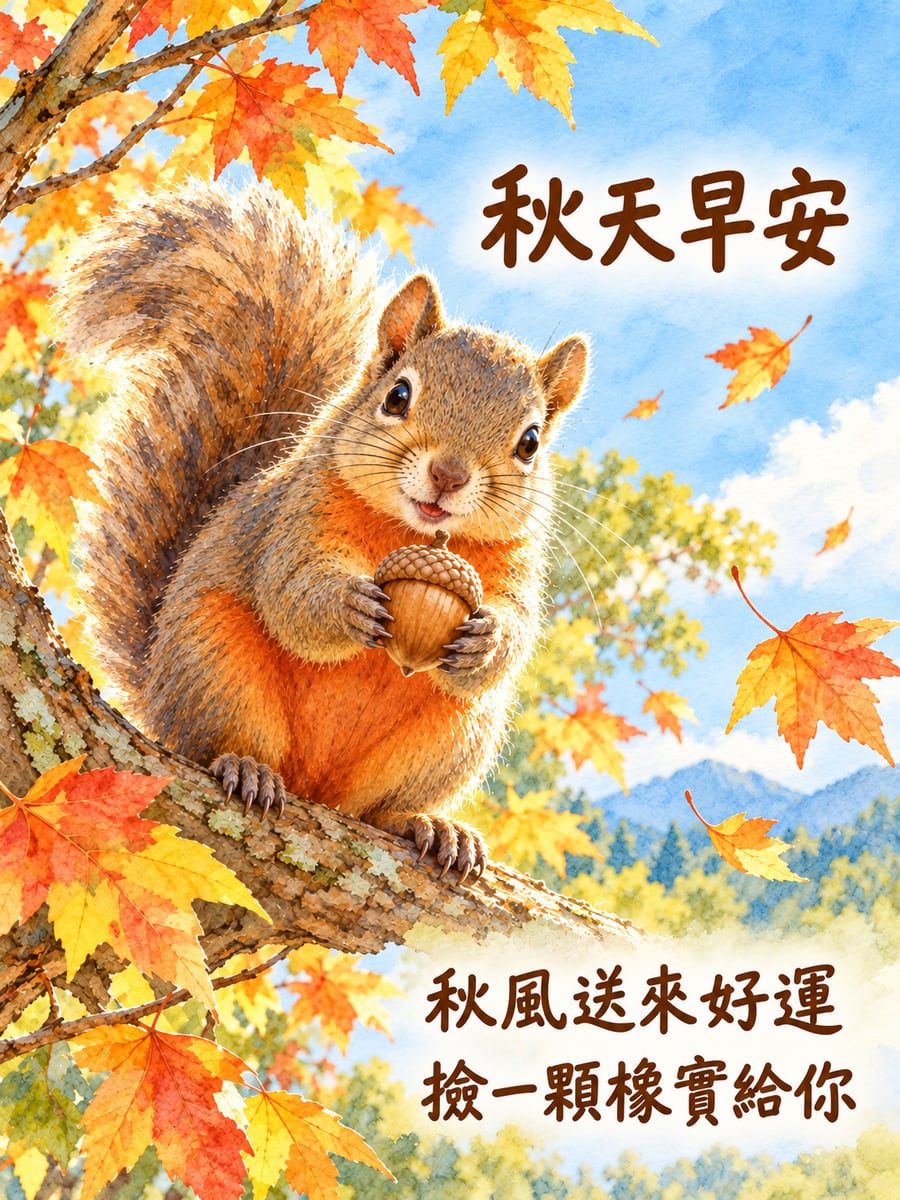 松鼠送橡實。圖中文字：秋天早安，秋風送來好運，撿一顆橡實給你