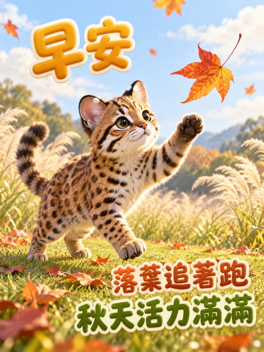 石虎追落葉。圖中文字：早安，落葉追著跑，秋天活力滿滿