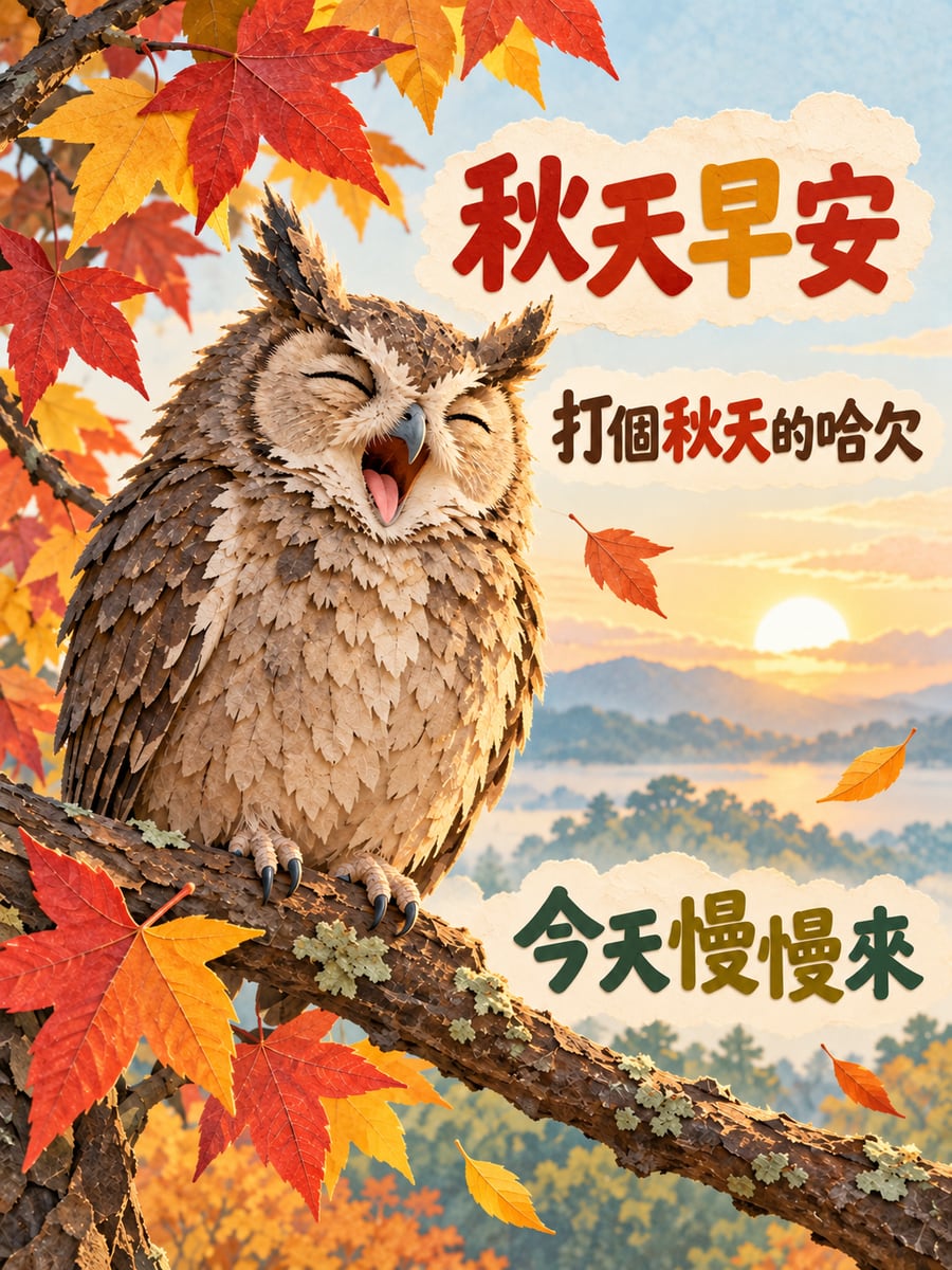 領角鴞打哈欠。圖中文字：秋天早安，打個秋天的哈欠，今天慢慢來