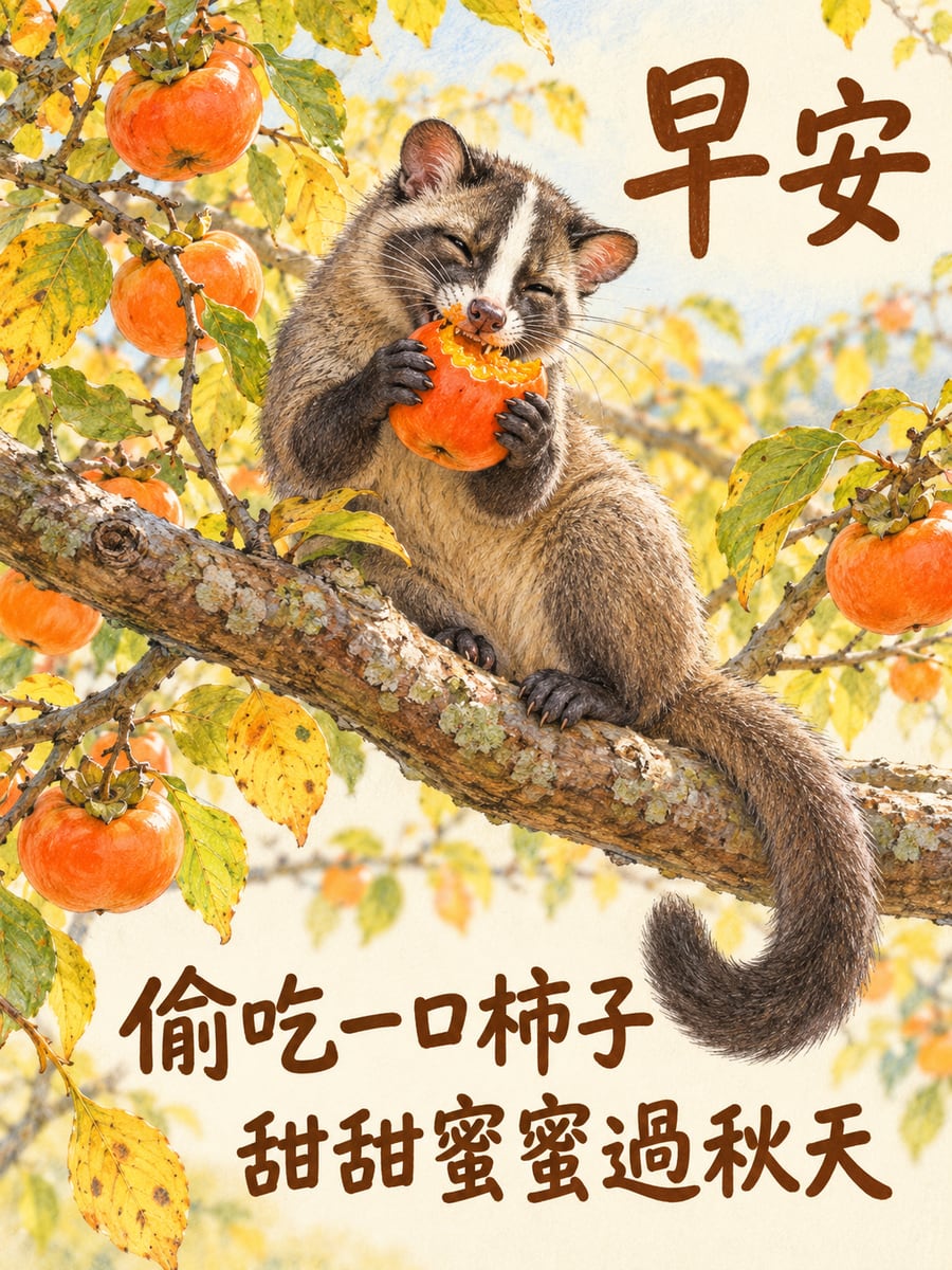 白鼻心偷吃柿子。圖中文字：早安，偷吃一口柿子，甜甜蜜蜜過秋天