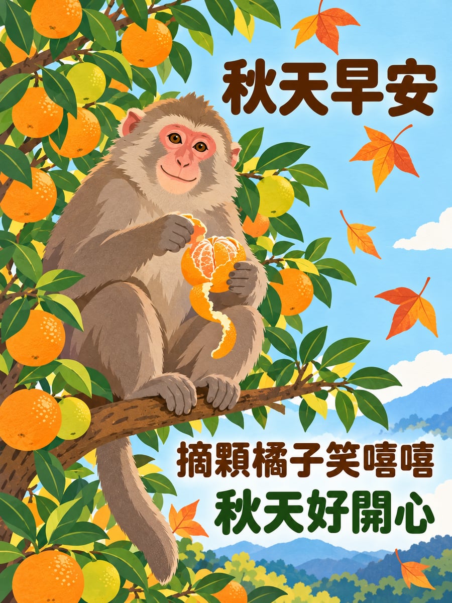 獼猴摘橘子。圖中文字：秋天早安，摘顆橘子笑嘻嘻，秋天好開心