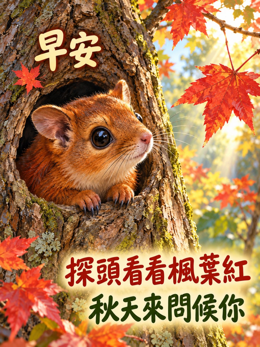 飛鼠探頭看楓紅。圖中文字：早安，探頭看看楓葉紅，秋天來問候你