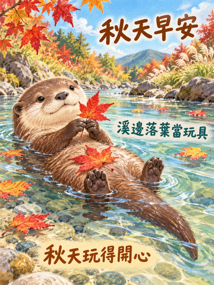 水獺玩落葉。圖中文字：秋天早安，溪邊落葉當玩具，秋天玩得開心