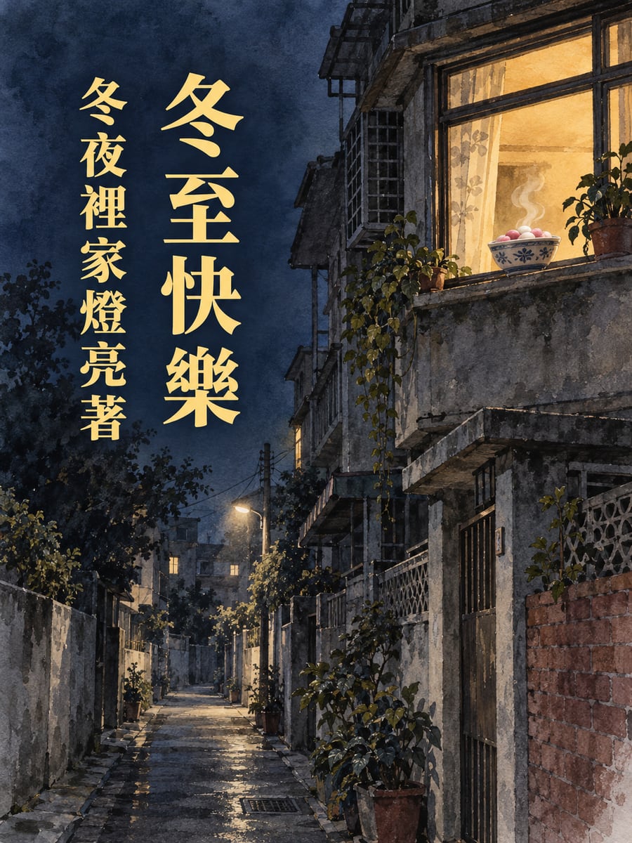 家裡燈亮著。圖中文字：冬至快樂，冬夜裡家燈亮著