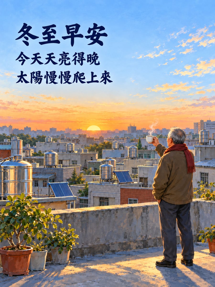 冬至日出特別晚。圖中文字：冬至早安，今天天亮得晚，太陽慢慢爬上來