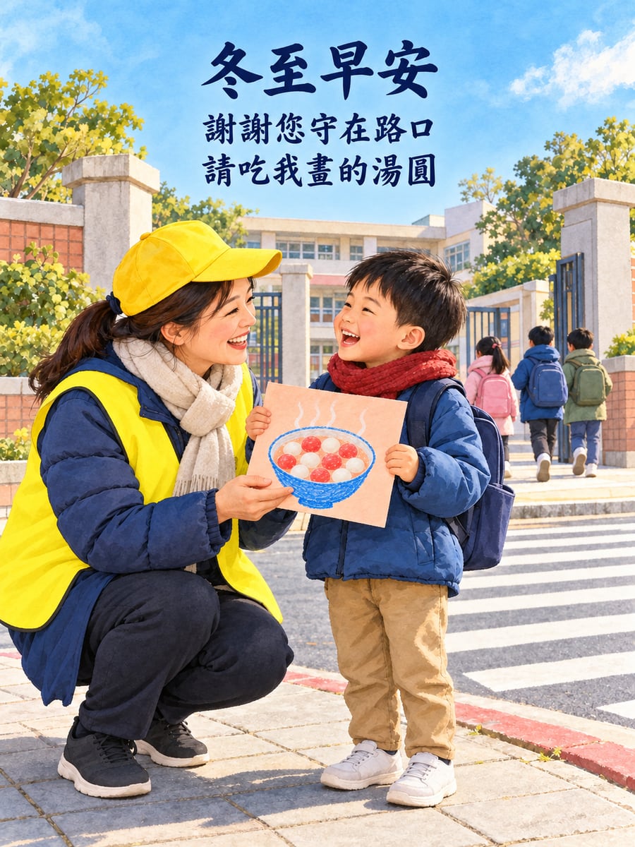 孩子送給導護媽媽的湯圓畫。圖中文字：冬至早安，謝謝您守在路口，請吃我畫的湯圓
