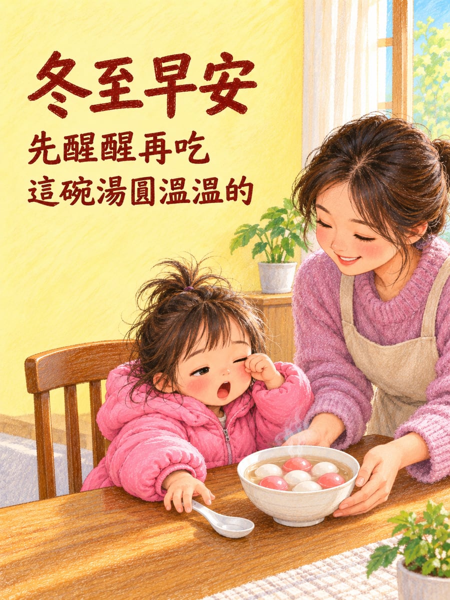 睡眼惺忪的小孩。圖中文字：冬至早安，先醒醒再吃，這碗湯圓溫溫的