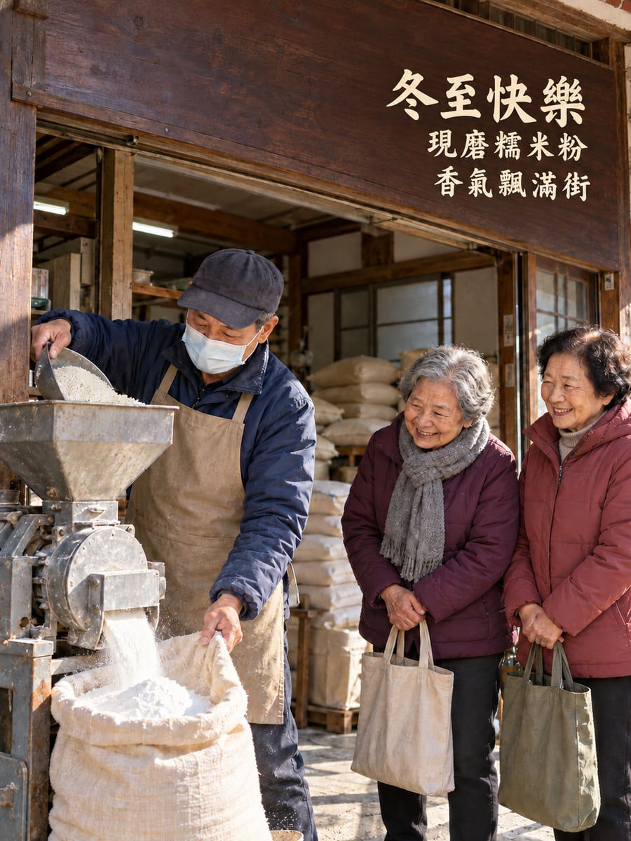 米店現磨糯米粉。圖中文字：冬至快樂，現磨糯米粉，香氣飄滿街