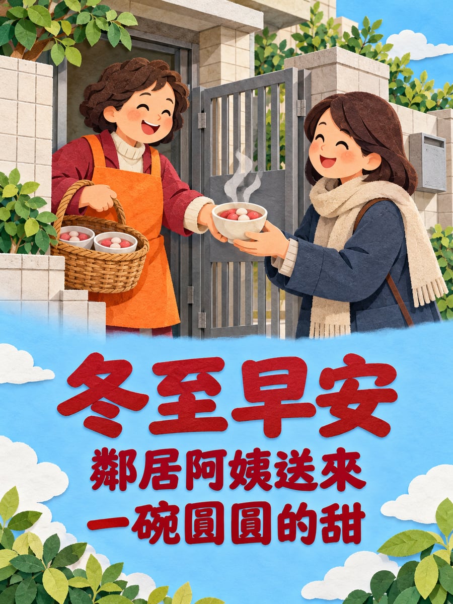 阿姨送來自己搓的湯圓。圖中文字：冬至早安，鄰居阿姨送來，一碗圓圓的甜