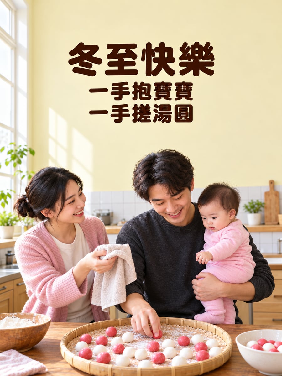 一手抱寶寶一手搓湯圓。圖中文字：冬至快樂，一手抱寶寶，一手搓湯圓