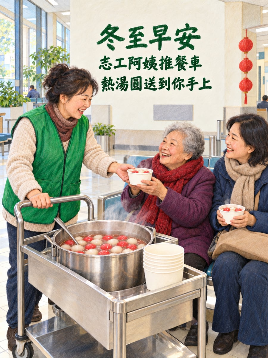 志工推著湯圓餐車。圖中文字：冬至早安，志工阿姨推餐車，熱湯圓送到你手上