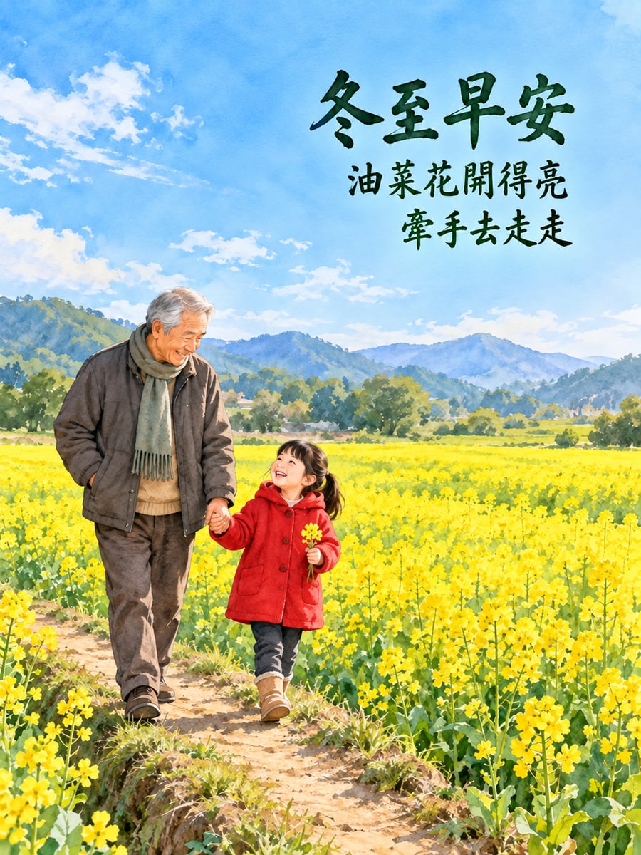 油菜花田牽著孫女。圖中文字：冬至早安，油菜花開得亮，牽手去走走