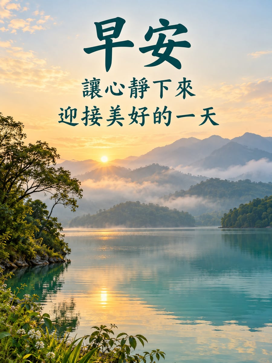 日月潭晨霧意象。晨曦照亮山湖，左側岸邊樹木框景，湖面有金色倒影與薄霧。 圖中文字：早安，讓心靜下來，迎接美好的一天