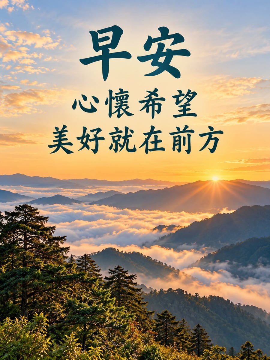 阿里山雲海意象。多層山脈與金色雲海，太陽從右側山脊升起，左下有樹木前景。 圖中文字：早安，心懷希望，美好就在前方