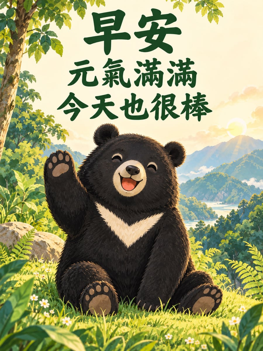 台灣黑熊。有白色 V 形胸紋的小黑熊坐在草地上揮掌，林木與山湖位於後方。 圖中文字：早安，元氣滿滿，今天也很棒