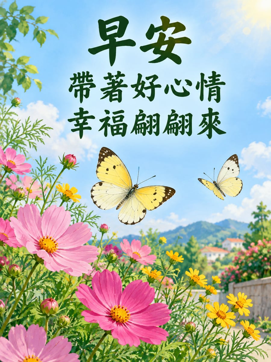 花間蝴蝶。兩隻黃白蝴蝶飛過粉紅波斯菊與黃色花朵，遠處有花園、矮牆與房屋。 圖中文字：早安，帶著好心情，幸福翩翩來