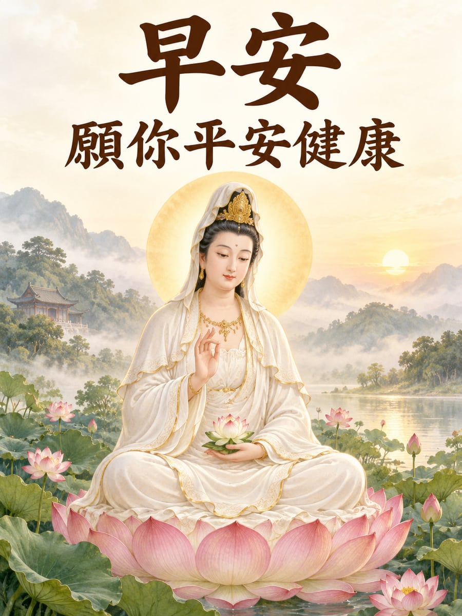 觀音蓮花。白衣觀音坐於粉色蓮座，手捧蓮花，背後有金色光環、山水與亭閣。 圖中文字：早安，願你平安健康
