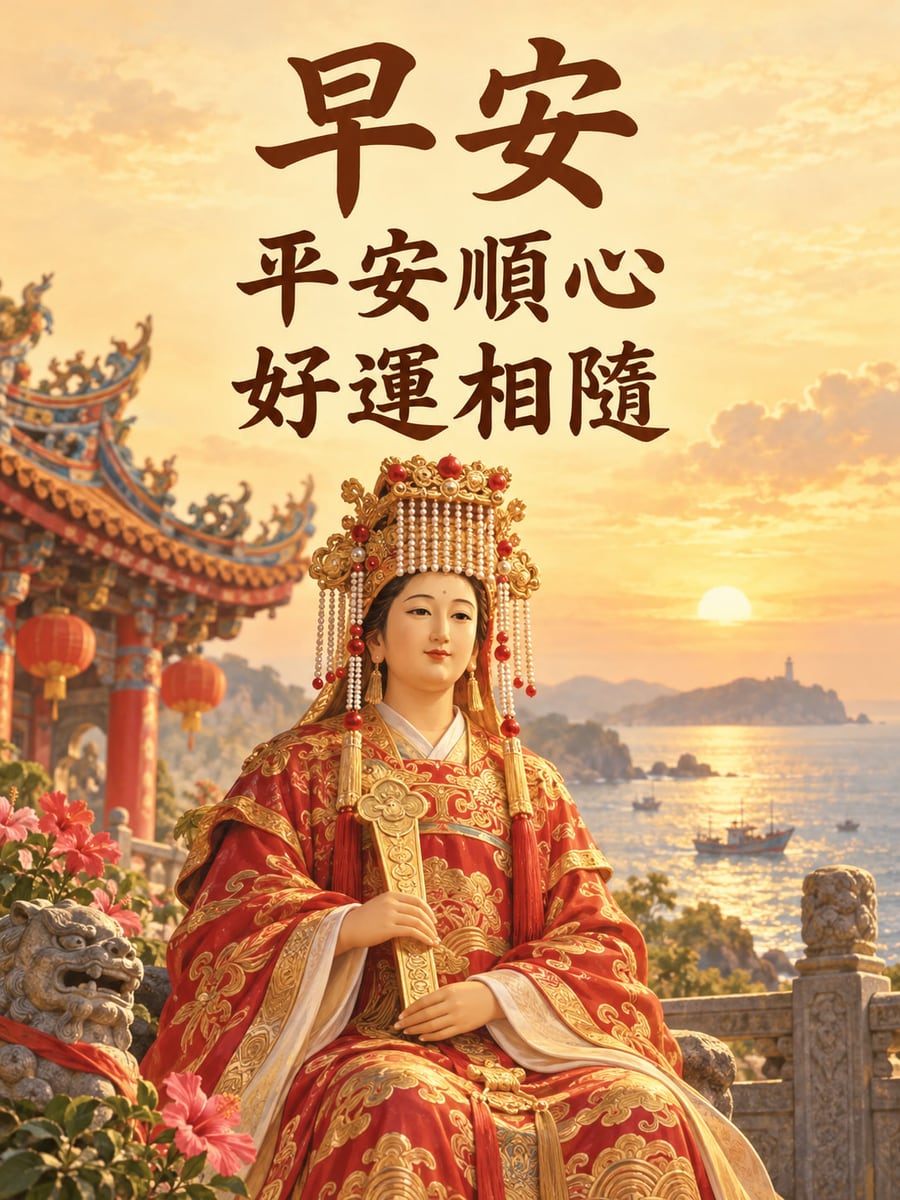 媽祖平安。紅金神袍與珠冠的媽祖端坐，左側廟宇屋脊與石獅，後方海岸有船隻。 圖中文字：早安，平安順心，好運相隨