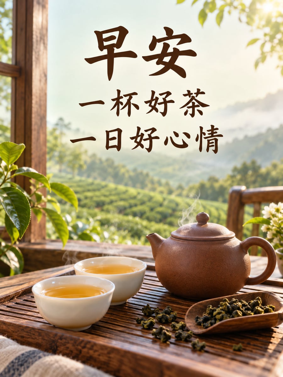 高山烏龍茶。圖中文字：早安，一杯好茶，一日好心情