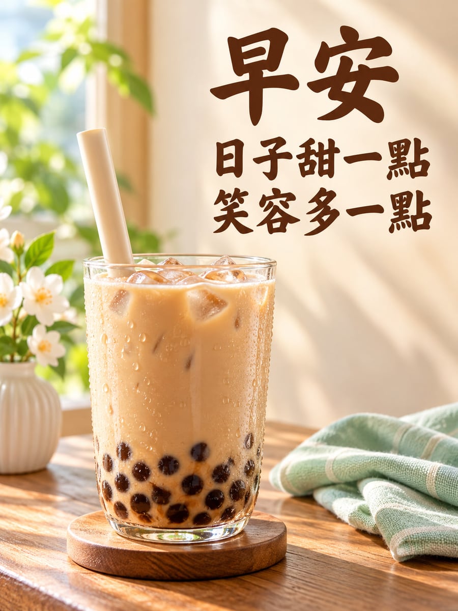 珍珠奶茶。圖中文字：早安，日子甜一點，笑容多一點