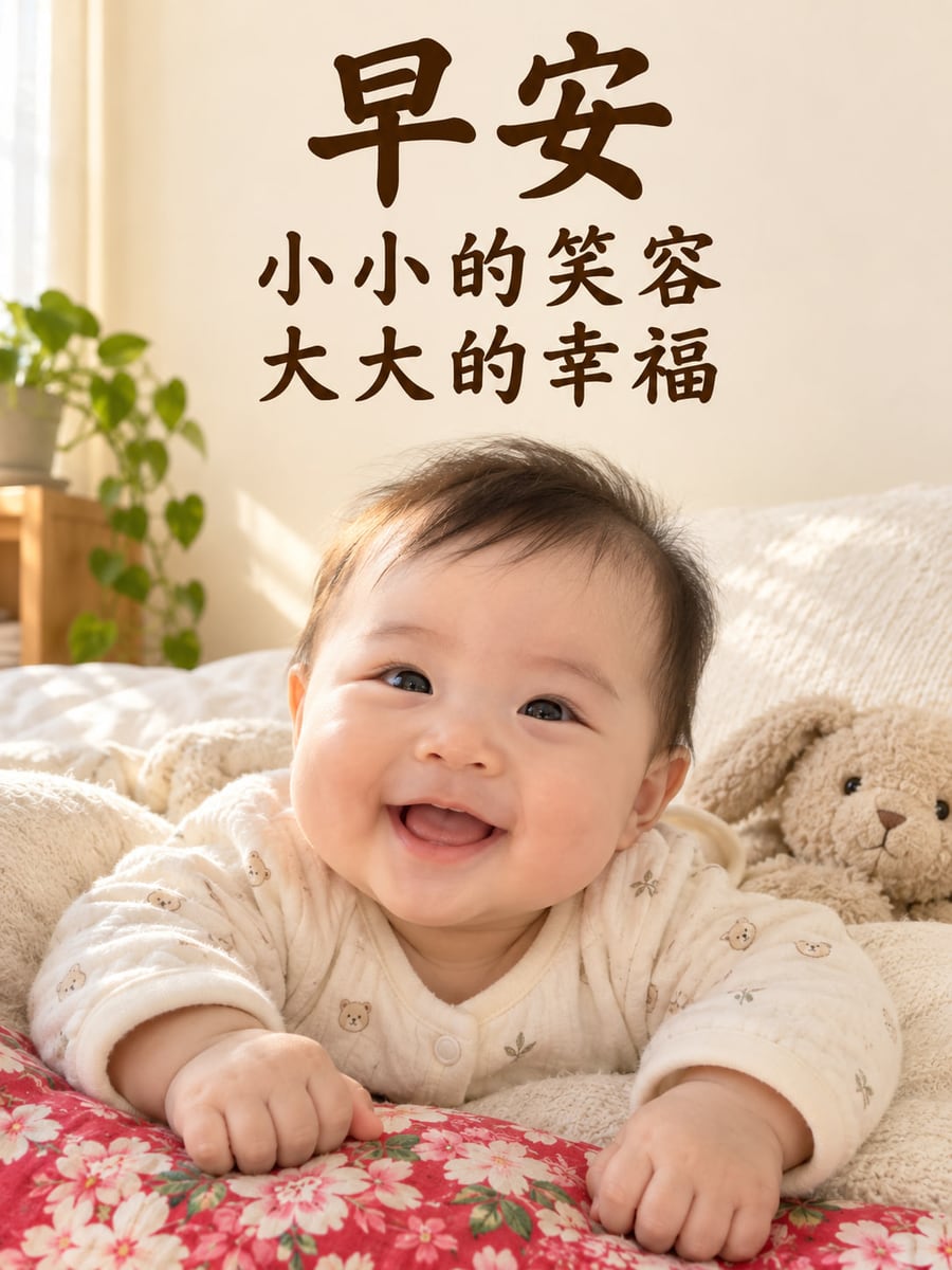 花布寶寶。虛構嬰兒趴在奶油色軟墊上微笑，前景有紅色花布，旁邊有熊玩偶。 圖中文字：早安，小小的笑容，大大的幸福