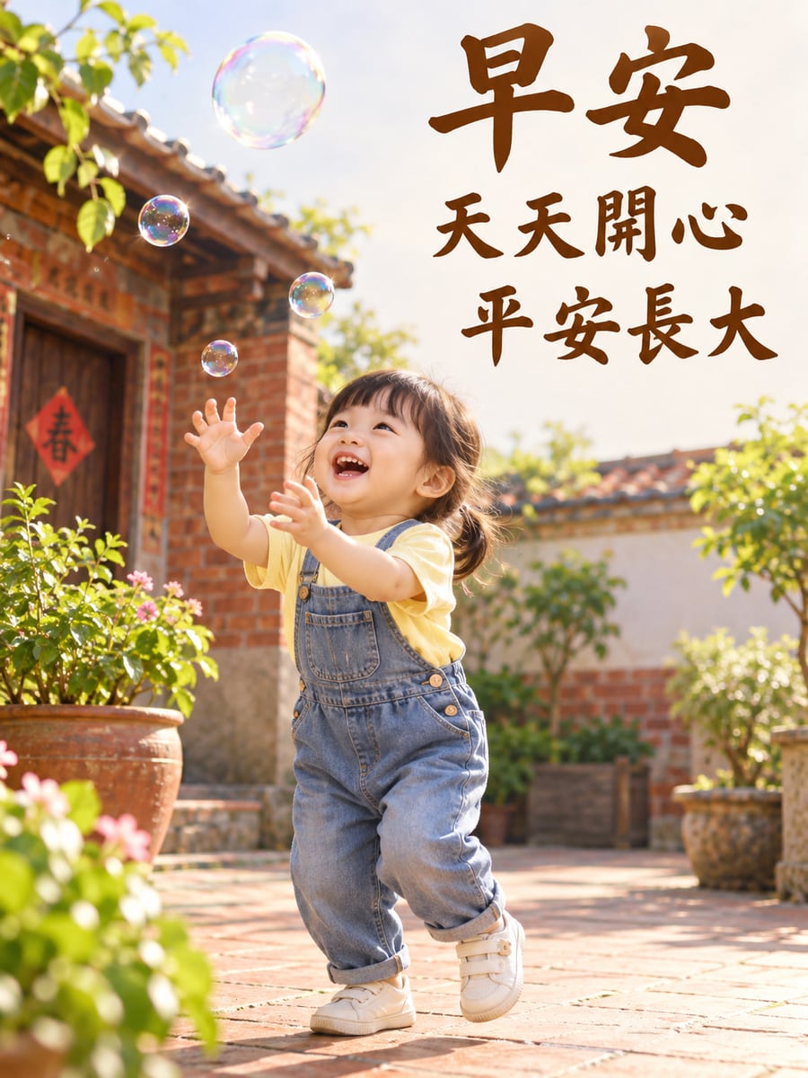 庭院童趣。虛構幼童在紅磚庭院伸手追泡泡，穿黃上衣與吊帶褲，門上可見春字。 圖中文字：早安，天天開心，平安長大